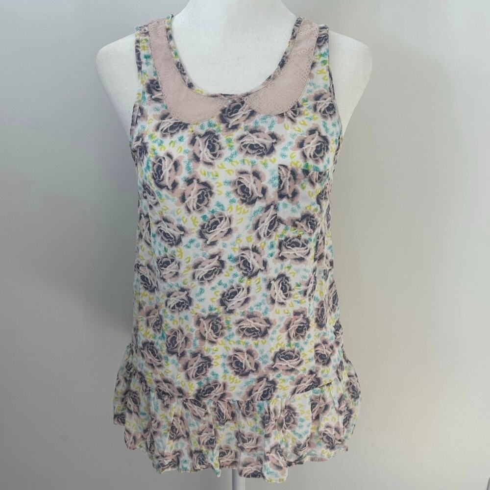 Free People Floral Tank Top with Lace and Button Details